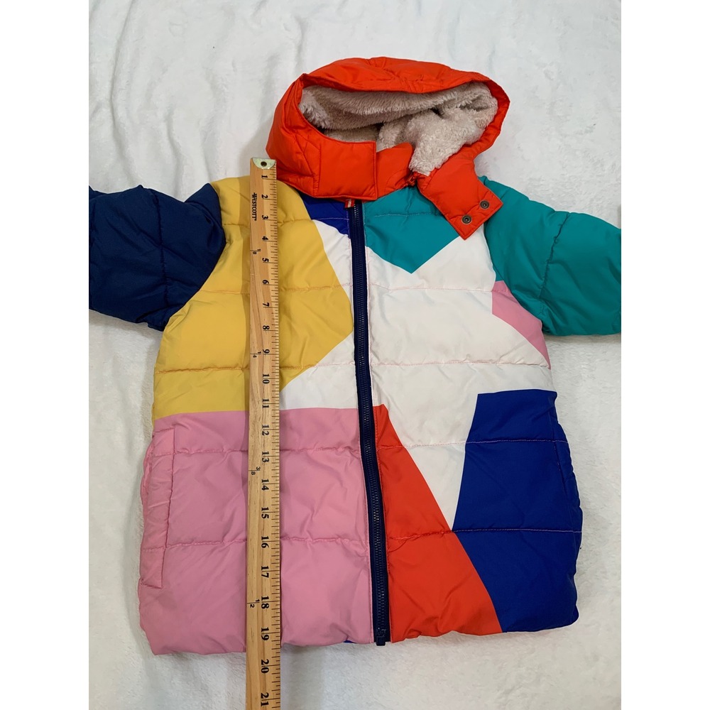 Boden Star Colorblock Puffer Jacket Girls 7-8Y Multi-Color Sherpa Lined Hood - Picture 12 of 13